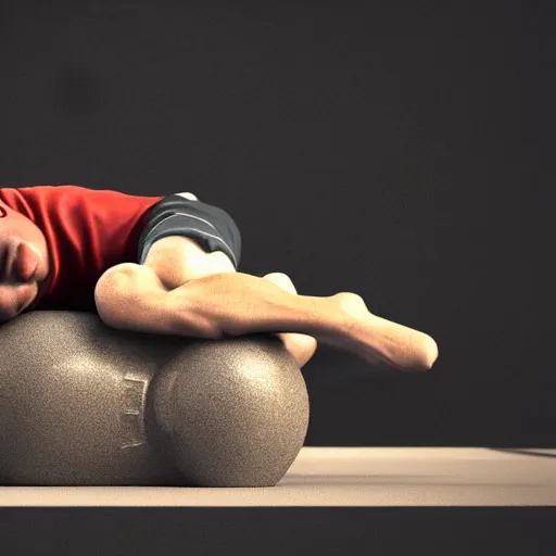 Image similar to A guy is sleeping on a dumbell , cinematic lightening, high quality, 8k , octane render, trending on artstation , greg rutowski