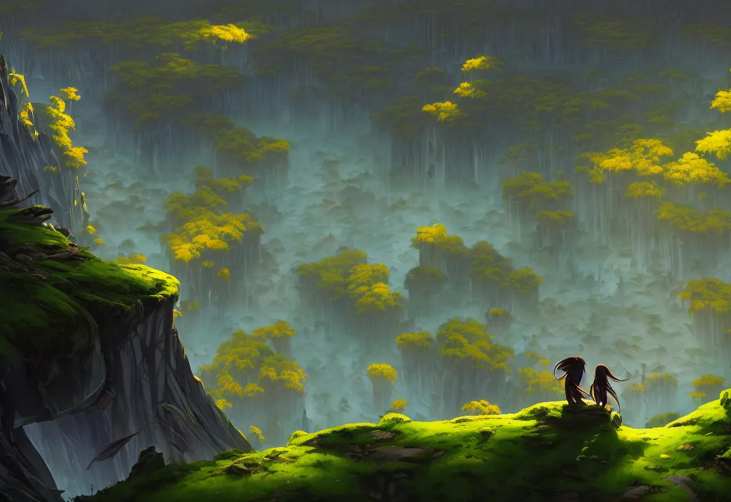 Image similar to high view of the background of a forest that has an endless pit in the bottom of the image, stylised painting, visible brush strokes, forest, medieval architecture, dynamic lighting, aesthetics, smooth, d & d, fantasy, asymmetrical, intricate, elegant, matte painting, by makoto shinkai borderlands and by feng zhu rossdraws, fan art, cartoon style