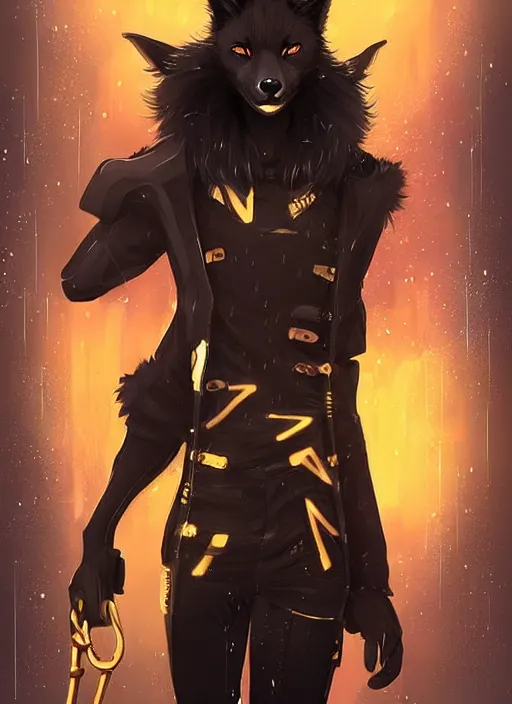 Image similar to award winning beautiful portrait commission of a male furry anthro melanated fox fursona with a tail and a cute beautiful attractive detailed furry face wearing stylish black and gold cyberpunk clothes in a cyberpunk city at night while it rains. Character design by charlie bowater, ross tran, artgerm, and makoto shinkai, detailed, inked, western comic book art