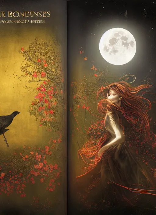 Prompt: golden elements at borders, side portrait , A young witch and a crow in front of the full big moon, creative book cover, winner of design award, red roses, red white black colors, establishing shot, extremly high detail, foto realistic, cinematic lighting, pen and ink, intricate line drawings, by Yoshitaka Amano, Ruan Jia, Kentaro Miura, Artgerm, post processed, concept art, artstation, matte painting, style by eddie, raphael lacoste, alex ross