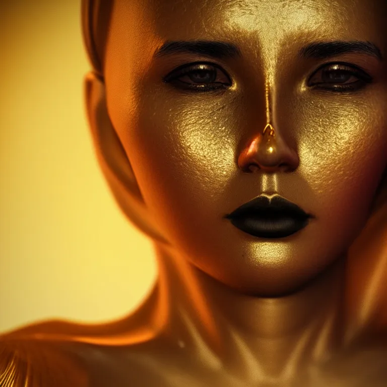 Image similar to a wonderful woman with half face black and half gold, detailed realistic, cinematic, octane rendered