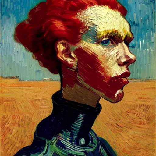 Prompt: Van Gogh portrait painting of a cyborg girl with black and red robotic parts, medium shot, asymmetrical, profile picture, Organic Painting, sunny day, Matte Painting, bold shapes, hard edges, street art, trending on artstation, by Huang Guangjian and Gil Elvgren and Sachin Teng