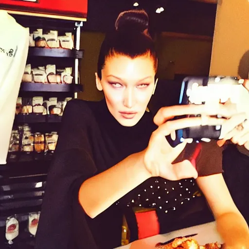 Image similar to bella hadid taking a selfie with her favorite food, photorealistic, dynamic light, fast food, ultra detailed