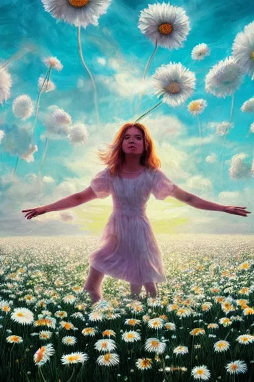 Prompt: face made of giant white daisy flower, girl dancing in a flower field, surreal photography, sunrise, dramatic light, impressionist painting, colorful clouds, digital painting, artstation, simon stalenhag