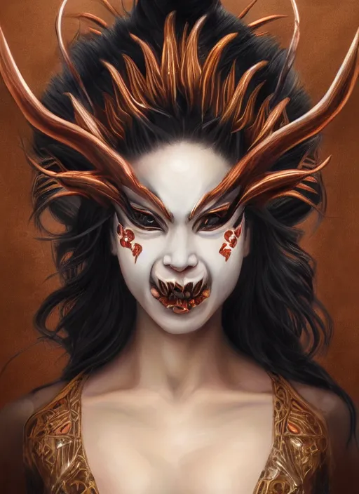 Image similar to a beautiful detailed oil on copper art illustration of a japanese kokushikijo mask devil woman, centered, by charlie bowater, zeng fanzh, trending on artstation, dim dusk lighting, cinematic lighting, detailed lighting, volumetric lighting, realistic, f 8, 4 k hd wallpaper