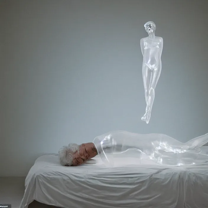 Image similar to a 7 0 year old white haired man lays on a bed, a transparent iridescent figure levitates above him, by vanessa beecroft, canon eos c 3 0 0, ƒ 1. 8, 3 5 mm, 8 k, medium - format print