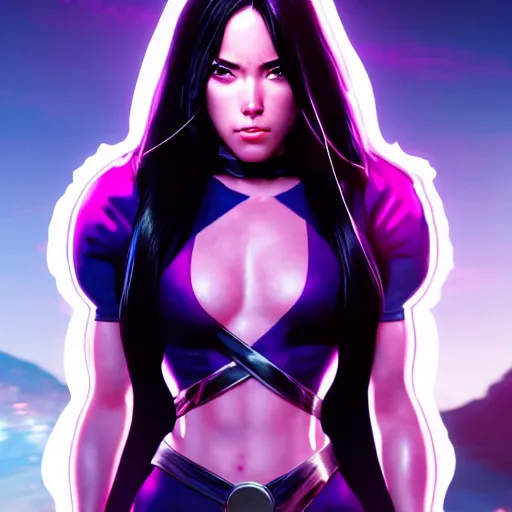 Prompt: Psylocke, Chloe Bennet, long black hair, realistic character concept, middle shot, action pose, comic book, illustration, slender symmetrical face and body, artstation, cinematic lighting, hyperdetailed, cgsociety, 8k, Rafeal Albuquerque comic book art, single face, insanely detailed and intricate, beautiful