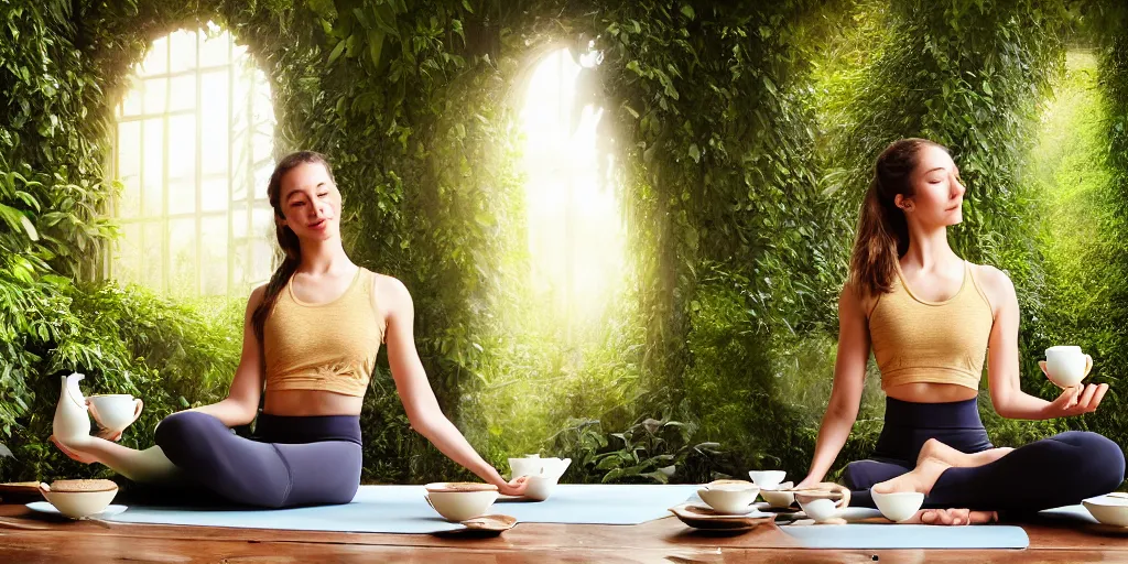 Prompt: a dreamy young woman wearing a yoga outfit having fancy tea and tea time with Mallard Duck at the table with her, enjoying the tea. Seated at a beautiful tea table inside an opulent, ornate, abandoned overgrown Palace of Versailles, lush plants growing through the floors and walls, walls are covered with vines, beautiful, dusty, golden volumetric light shines through giant broken windows, golden rays fill the space with warmth, rich with epic details and dreamy atmosphere