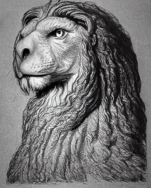 Image similar to four of an eagle, face of an lion, face of an ox, face of an human, on one creature. drawn by da vinci