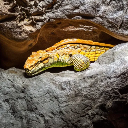 Image similar to photo inside a cavern of a wet reptilian humanoid partially hidden behind a rock watching a tourist