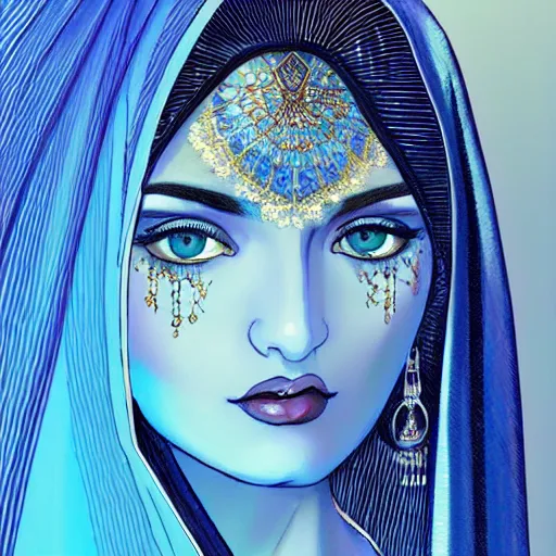 Prompt: beautiful persian woman behind a blue veil, symmetrical, short dress, glowing eyes, intricate details, full body, detailed face, ultradetailed, 8 k, epic atmosphere, digital art by simon cowell and moebius