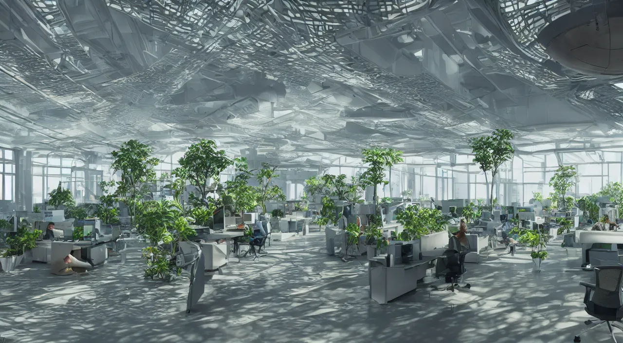 Prompt: futuristic open office with parks and plants, glowing computer screens, bright with large windows and voluminous light and light rays, extremely intricate, very detailed, artstation, octane render, warm color highlights, cinematic lighting