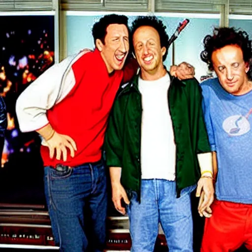 Image similar to Adam Sandler, Rob Schneider, and Paulie Shore, style of DC comics,