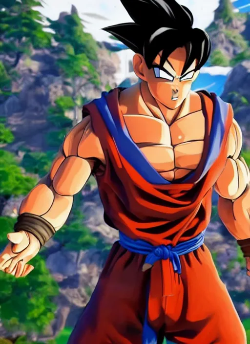 Image similar to game still of a sayan goku as a fortnite skin in fortnite by fortnite, pose.