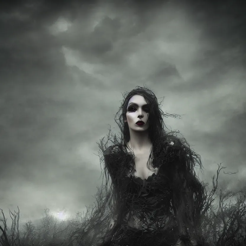 Image similar to stunning otherworldly Gothic goddess of beauty, dark and mysterious, atmospheric, ominous, eerie, cinematic, Epic, 8k, 4k, ultra detail, ultra realistic, rendered by awesomeness