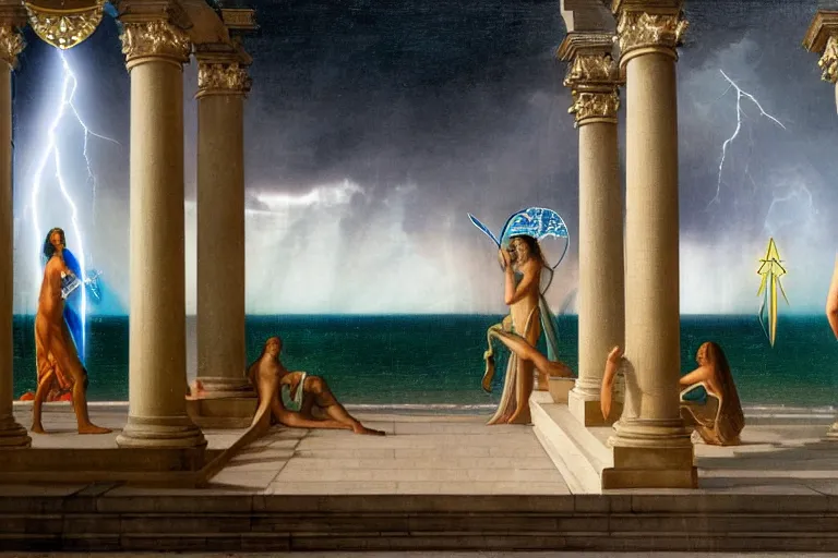 Image similar to Occult spirit on front of balustrade and palace columns, refracted lightnings on the ocean, thunderstorm, tarot cards characters, beach and Tropical vegetation on the background major arcana sky and occult symbols, by paul delaroche, hyperrealistic 4k uhd, award-winning, very detailed paradise