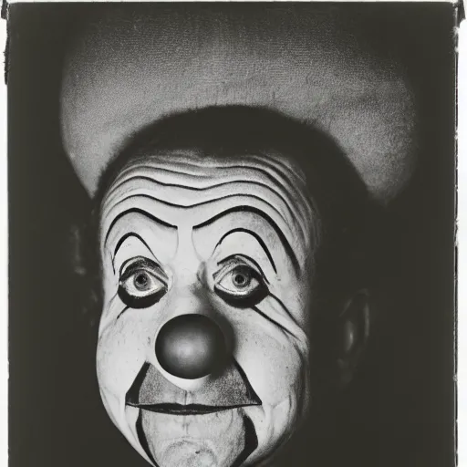 Prompt: portrait of a clown by Diane Arbus, 50mm, black and white photography