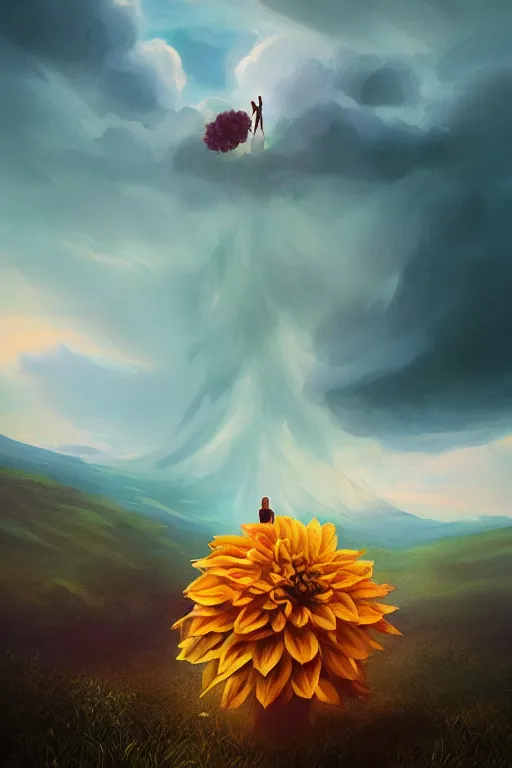 Image similar to closeup giant dahlia flower as head, girl standing on mountain, surreal photography, blue storm clouds, dramatic light, impressionist painting, digital painting, artstation, simon stalenhag