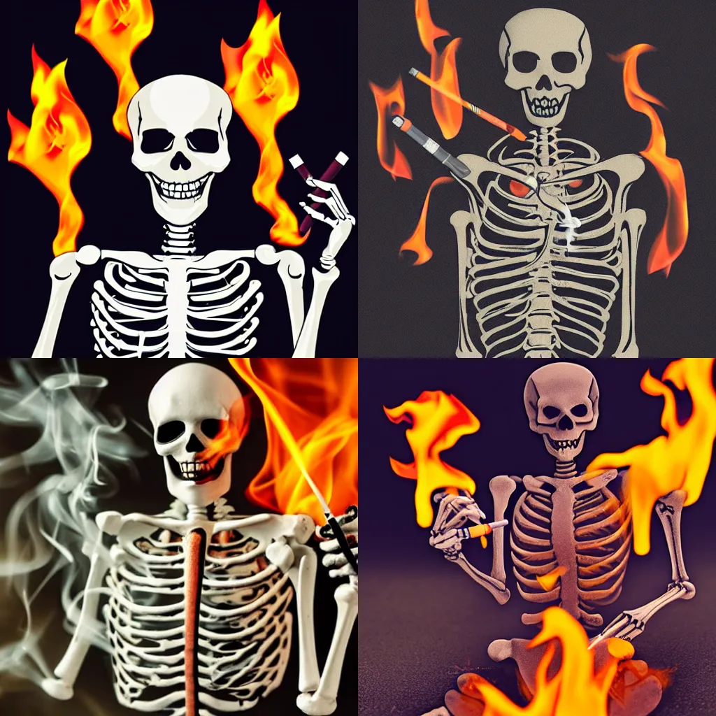 Prompt: skeleton smoking cigarette with flames in the background