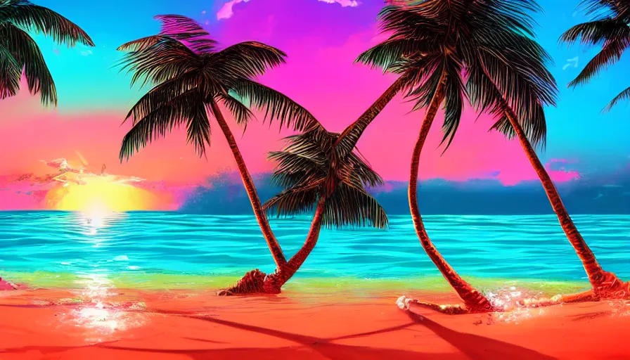 Prompt: a tropical beach, epic retrowave art, trending on art station