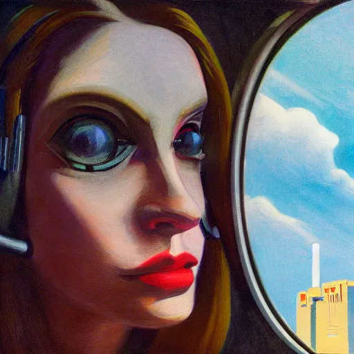 Image similar to detailed face of a woman, clockwork, moment, tectonic sky, skydome, bullet train, turbines, utopian, tech noir, wet reflections, prism, atmospheric, ambient, pj crook, syd mead, john singer sargent, emma uber, edward hopper