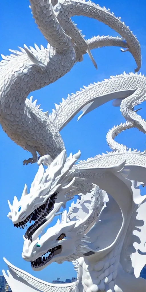 Image similar to white photorealistic futuristic post - modern blue eyes white dragon in seoul with bright blue sky