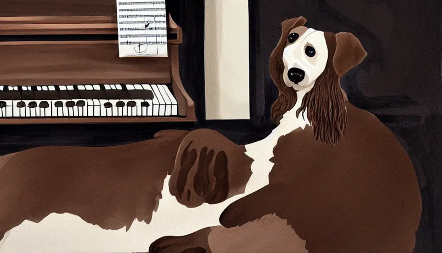 Prompt: brown and white sprocker , sat down playing a piano.modern. Martini on the side, detailed illustration. Concept art, Artwork.
