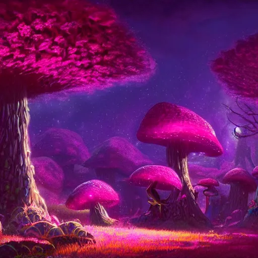 Image similar to concept art painting of a fantasy alien fungal landscape at night, magenta trees, glowing blue mushrooms, village of houses made of mushrooms, dark purple sky, realistic, detailed, cel shaded, in the style of makoto shinkai and greg rutkowski and albert bierstadt and james gurney