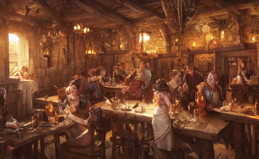 Prompt: highly detailed portrait of a medieval tavern, in disney, stephen bliss, unreal engine, fantasy art by greg rutkowski, loish, rhads, ferdinand knab, makoto shinkai and lois van baarle, ilya kuvshinov, rossdraws, tom bagshaw, global illumination, radiant light, detailed and intricate environment