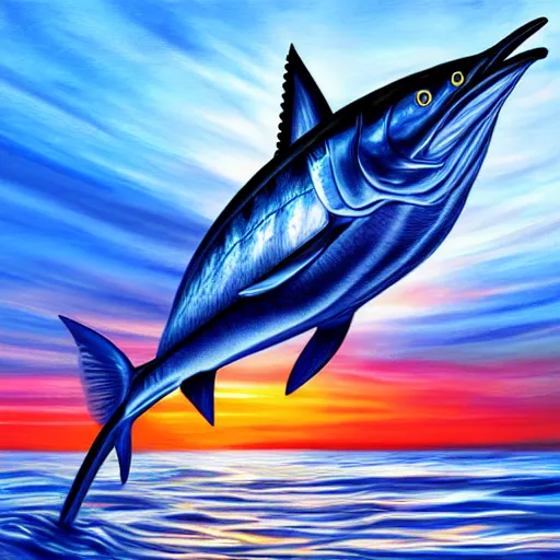 Image similar to detailed blue marlin jumping in front of sunset, dusk, calm seas, digital painting, smooth, sharp detail, 4 k ultra hd