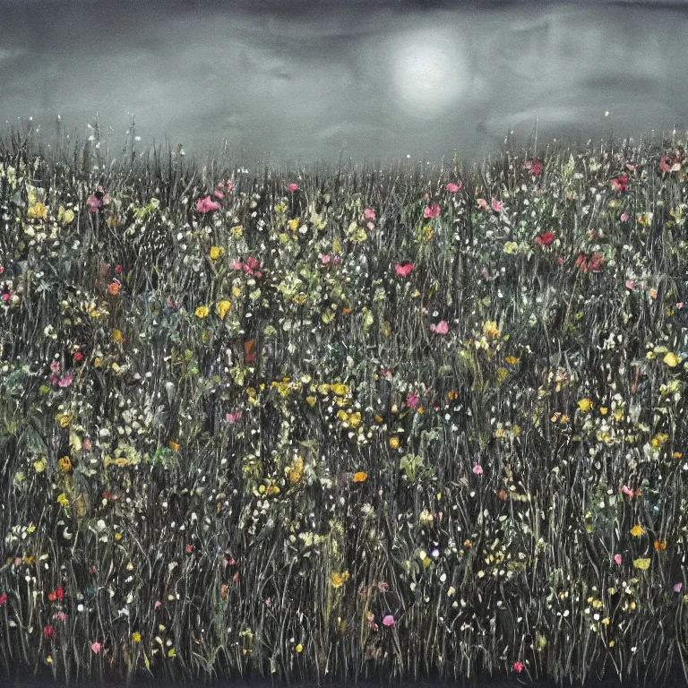 Image similar to dark painting of decaying bones!! in a meadow of flowers