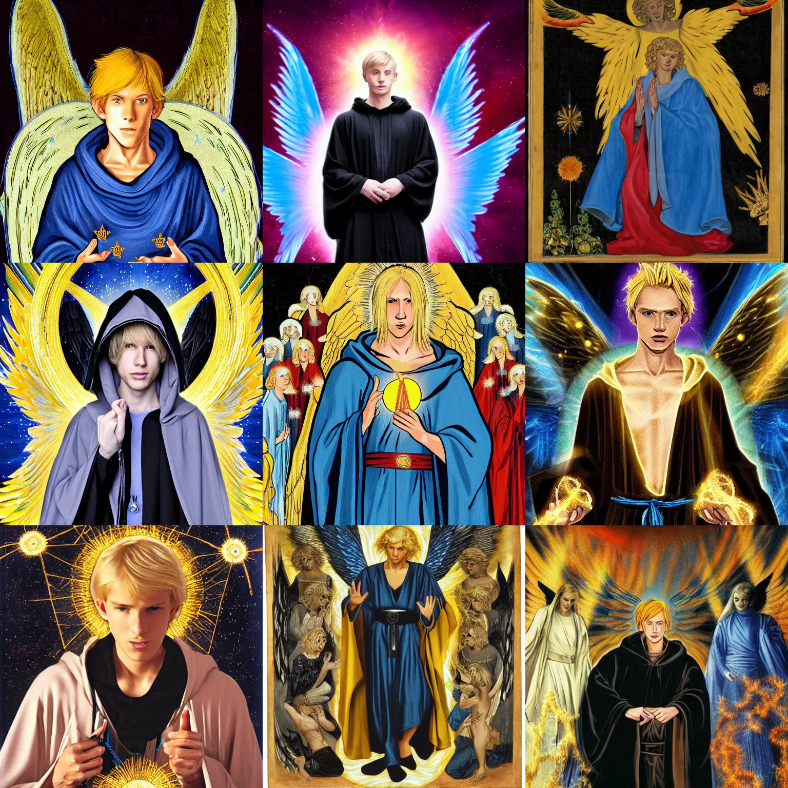 Prompt: a young blond man in a black jedi hooded robe surrounded by colorful angels and electric blue pentacles