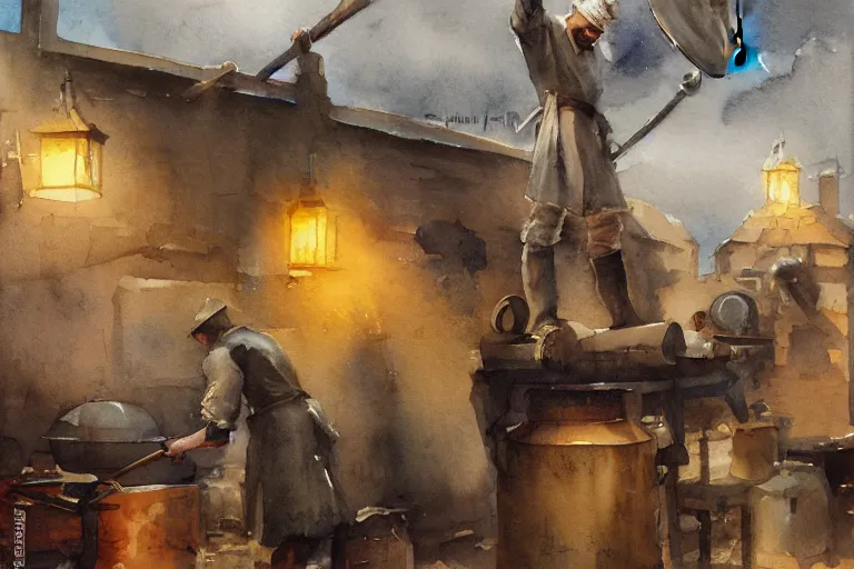 Image similar to small centered on watercolor paper, paint brush strokes, abstract watercolor painting of dirty medieval blacksmith with apron and hammer, anvil, kiln, cinematic light, national romanticism by hans dahl, by jesper ejsing, by anders zorn, by greg rutkowski, by greg manchess, by tyler edlin
