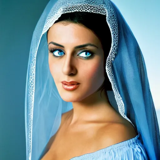 Prompt: Arab young Monica Belluci, tanned skintone, bright blue eyes, white transparent veil, light blue dress portrait