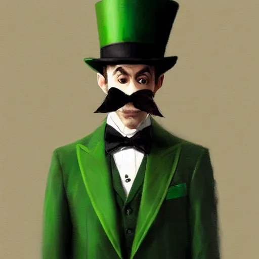 Prompt: hyper realistic, beautifully rendered, dapper fancy luigi wearing a green top hat, green suit and bowtie, smirking deviously, painted by greg rutkowski, wlop, artgerm, dishonored 2