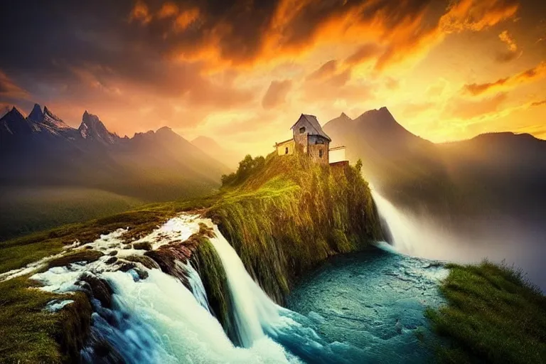 Prompt: Gediminas Pranckevicius amazing landscape photo of mountains with lake and abandoned house on top of a waterfall at sunset by marc adamus beautiful dramatic lighting,