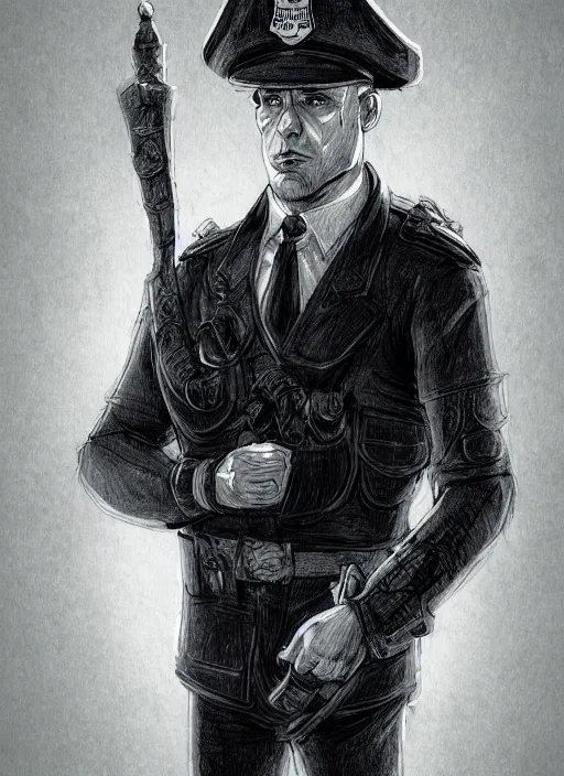 Image similar to a highly detailed illustration of 3 3 year - old clean - shaven chubby white man from uk wearing black police sweater with necktie and police helmet, heroic pose, black and white checker background, intricate, elegant, highly detailed, centered, digital painting, artstation, concept art, smooth, sharp focus, league of legends concept art, wlop.