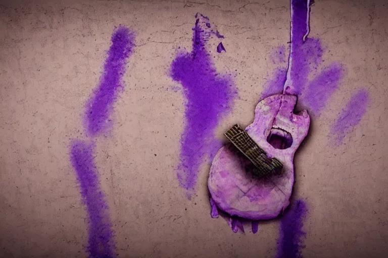 Image similar to dripping purple faded paint across the shape of a human playing guitar, realistic, extremely detailed, coming out of the ancient wall