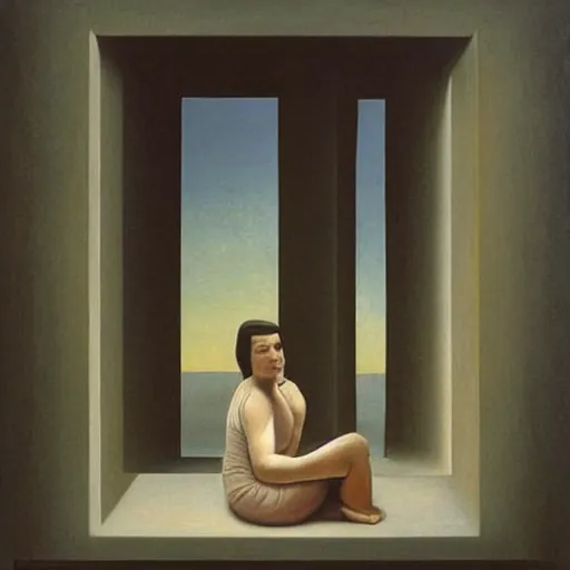 Image similar to dismal, realist contre jour by kay sage. a land art of a beautiful young woman seated at a window, looking out at the viewer with a serene expression on her face. the light from the window illuminates her features & creates a warm, inviting atmosphere. the essence of beauty & tranquility.