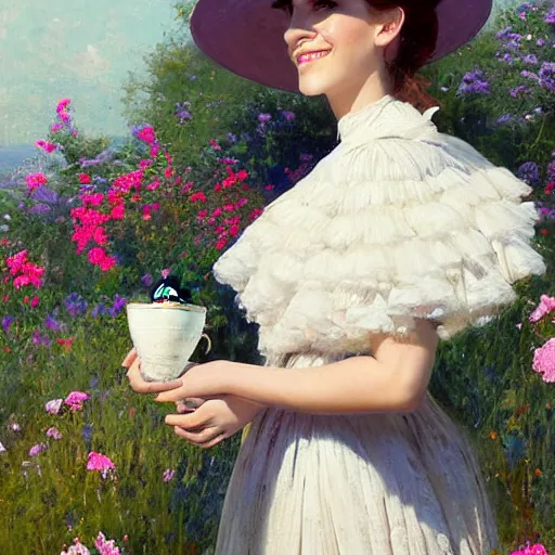 Image similar to thick paint brush strokes full body fashion model smiling squinting emma watson by Jeremy Lipking by Hasui Kawase by Richard Schmid (((smokey eyes makeup eye shadow fantasy, glow, shimmer as victorian woman in a long white frilly lace dress and a large white hat having tea in a sunroom filled with flowers, roses and lush fern flowers ,intricate, night, highly detailed, dramatic lighting))) , high quality