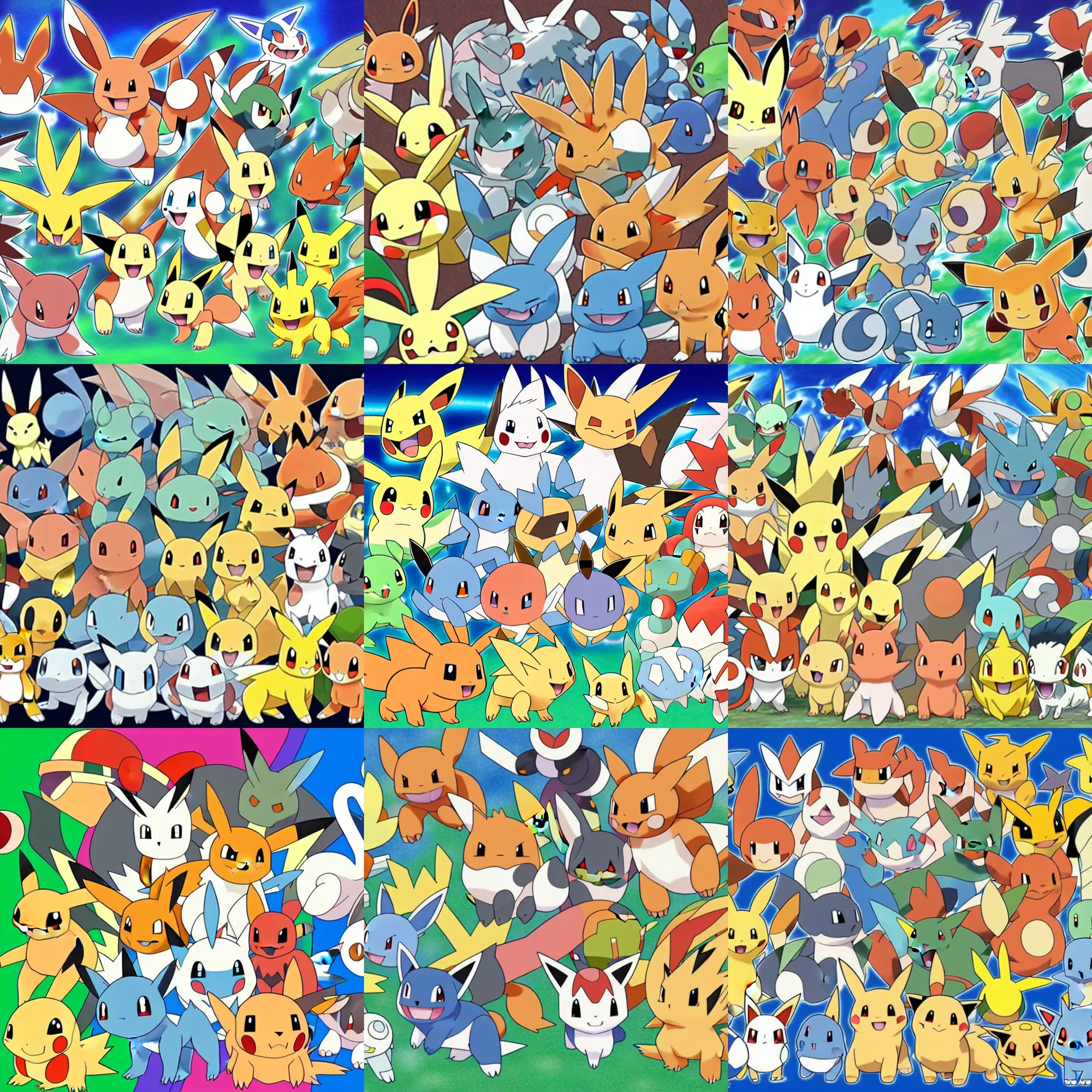 Prompt: official art of a diverse crowd of Pokémon, by Ken Sugimori and Junichi Masuda, whitespace, Bulbapedia, Pokémon logo, vulpix arcanine torkoal camerupt magcargo magmar