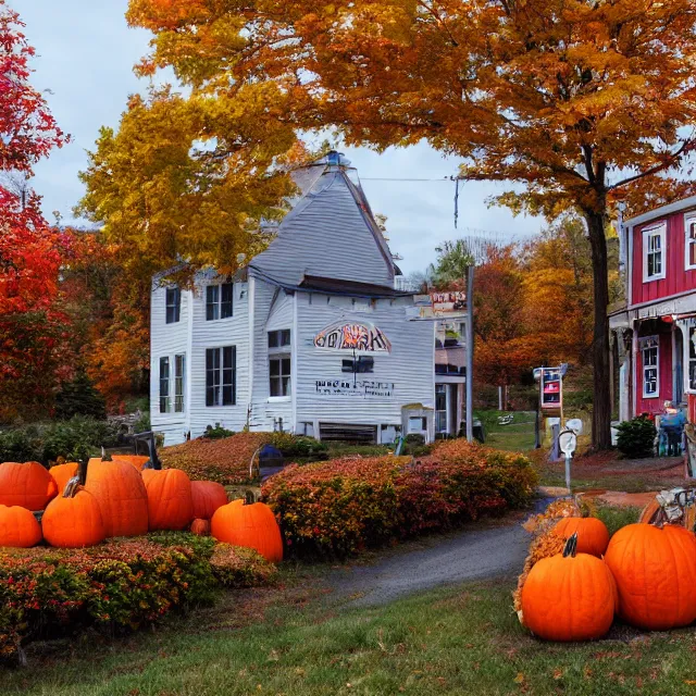 Prompt: small new england town with shops and pumpkins, maple trees with fall foliage, volumetric, realistic, cinematic lighting, ray tracing, unreal engine 5, octane render, hyper realistic, photo, 8 k