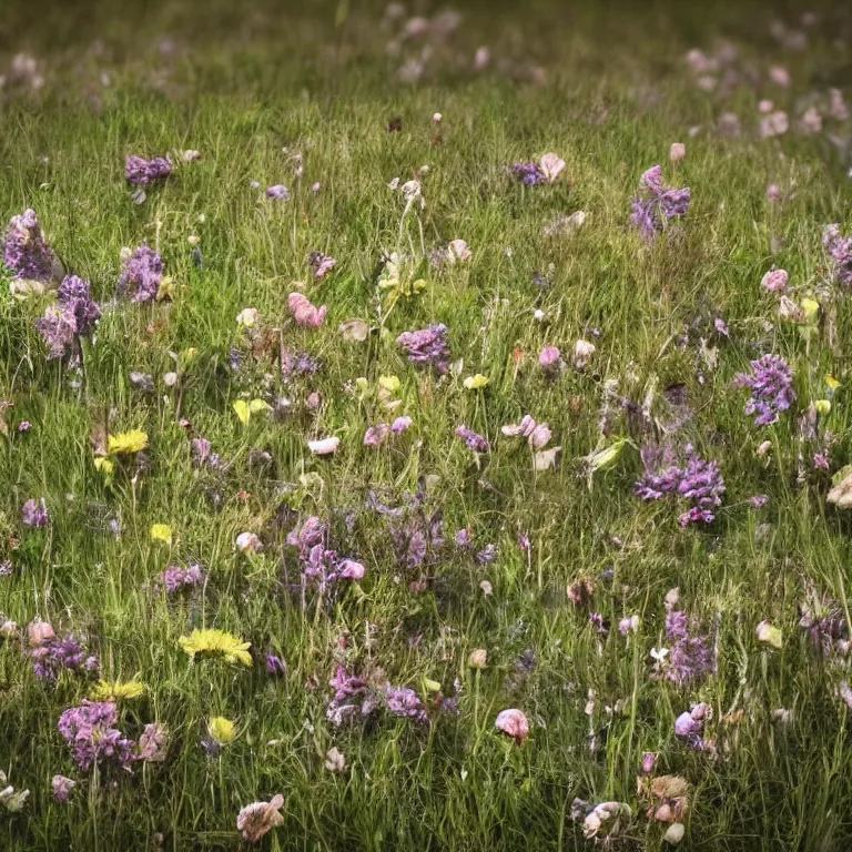 Image similar to atmospheric illustration of decaying bones in a meadow of flowers