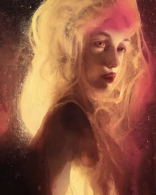 Image similar to a beautiful and eerie baroque painting of a gorgeous young woman in dead space, with wild blonde hair and haunted eyes, 1 9 7 0 s, space station, neon light showing injuries, delicate ex embellishments, painterly, offset printing technique