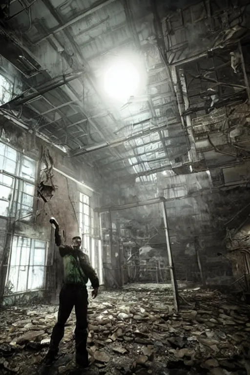 Image similar to a stalker with a detector in his hand from the game s.t.a.l.k.e.r stands next to a large translucent luminous sphere in an abandoned factory, realistic art