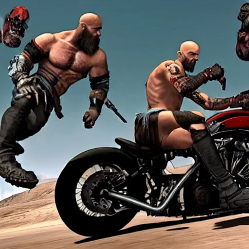 Prompt: kratos jumping a black harley - david motorcycle off a cliff