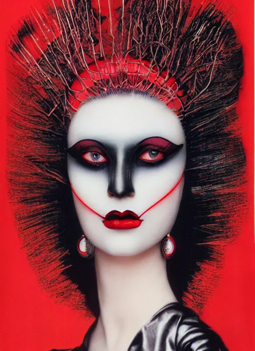 Image similar to an 8 0 s portrait of a woman with dark eye - shadow and red lips with dark slicked back hair, a mask made of wire and beads, dreaming acid - fueled hallucinations by serge lutens, rolf armstrong, delphin enjolras, peter elson, red cloth background