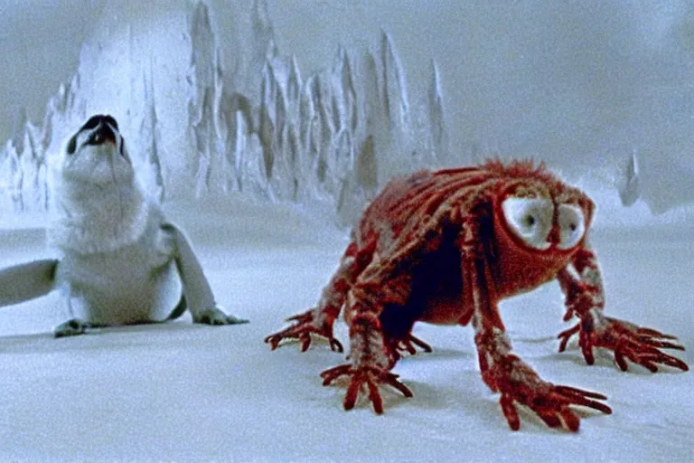 Prompt: scary filmic wide shot color ground level angle movie still 35mm film photograph of the full body of a dangerous shape shifting abstract alien organism chimera betweenn a spider, human, siberian husky dog, penguin and lobster from The Thing 1982, with multiple mutated snarling horffic distorted with a grotesque variety of human and animal limbs protruding from its lower torso inside a lab, in the style of nature documentary footage
