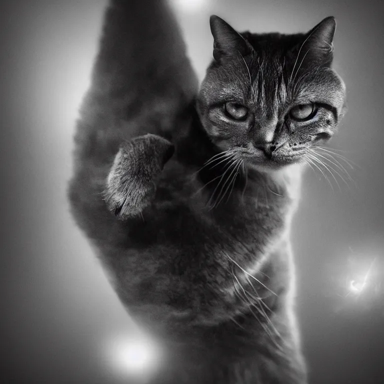 Image similar to an amazing award winning portrait photo of a cool cat, film noir, very detailed and sharp, 4k hdr, cinematic masterpiece, volumetric lighting, stunning