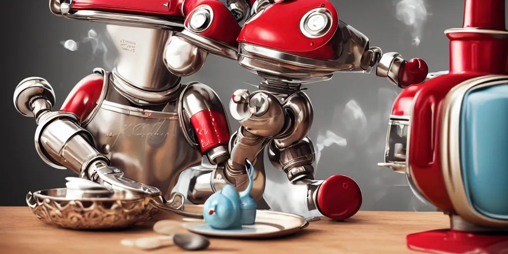 Image similar to closeup portrait of tin toy retro robot chef cooking pastry in a kitchen, depth of field, zeiss lens, detailed, centered, fashion photoshoot, by nicoletta ceccoli, mark ryden, lostfish, breathtaking, 8 k resolution, extremely detailed, beautiful, establishing shot, artistic, hyperrealistic, octane render